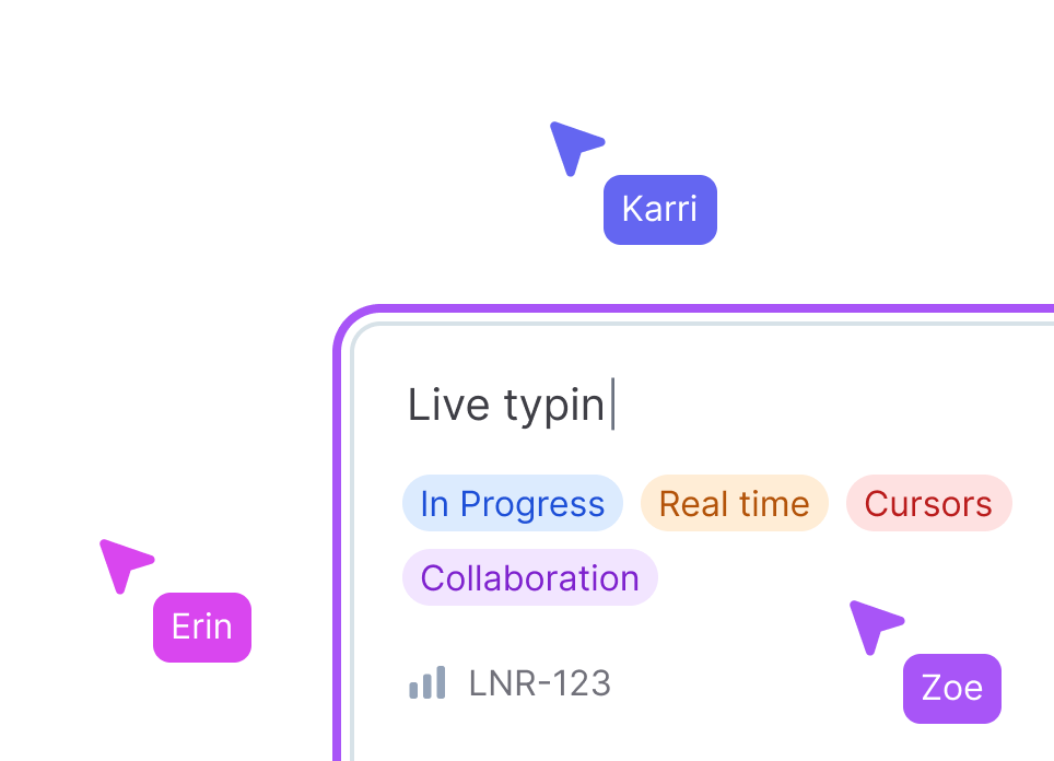 Work on Linear issues on a whiteboard with team cursors and live typing 